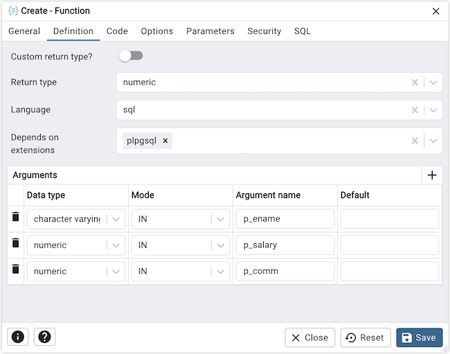 Function dialog definition tab