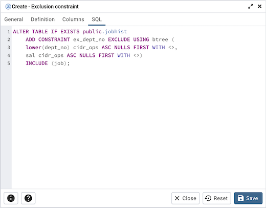 Exclusion constraint dialog sql tab