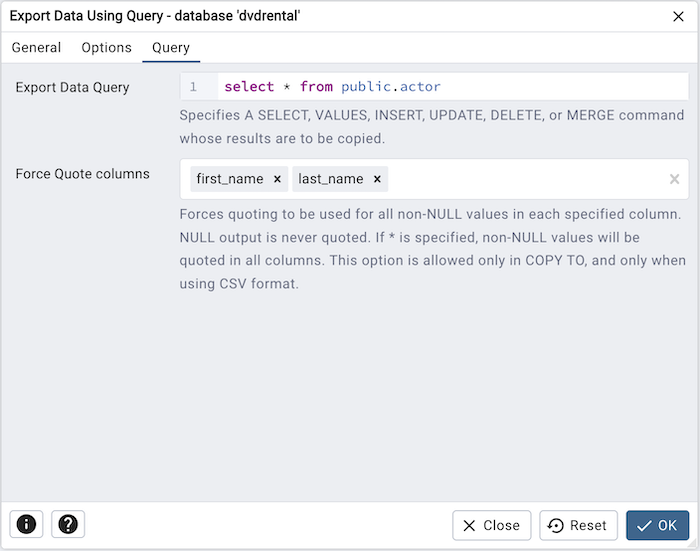 Export data using query dialog query tab