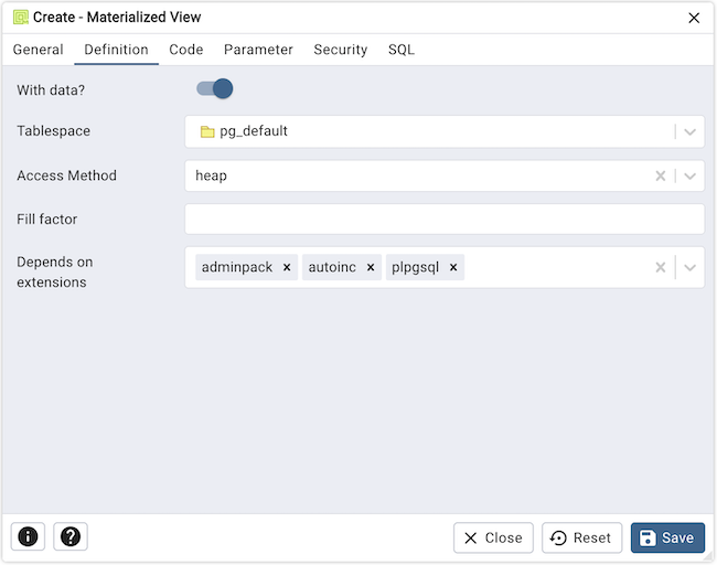 Materialized view dialog definition tab
