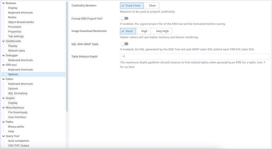 Preferences erd options section
