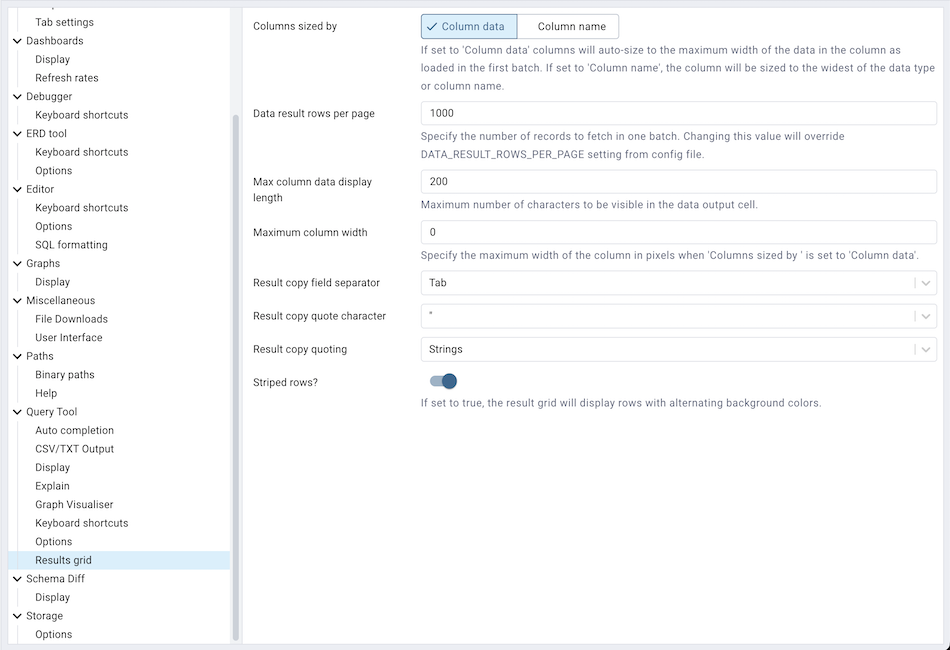 Preferences sql results grid section