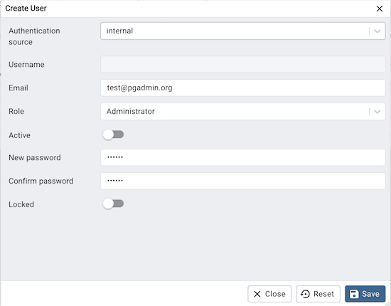 pgAdmin user management window add new user