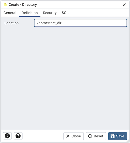 Directory dialog definition tab