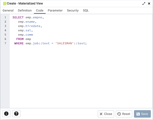 Materialized view dialog code tab