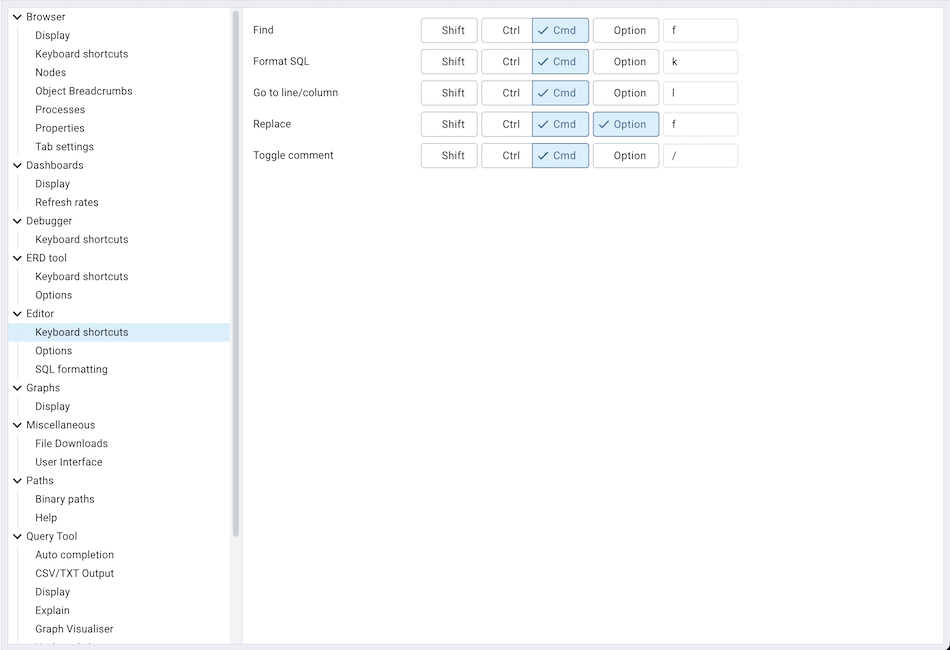 Preferences editor keyboard shortcuts section