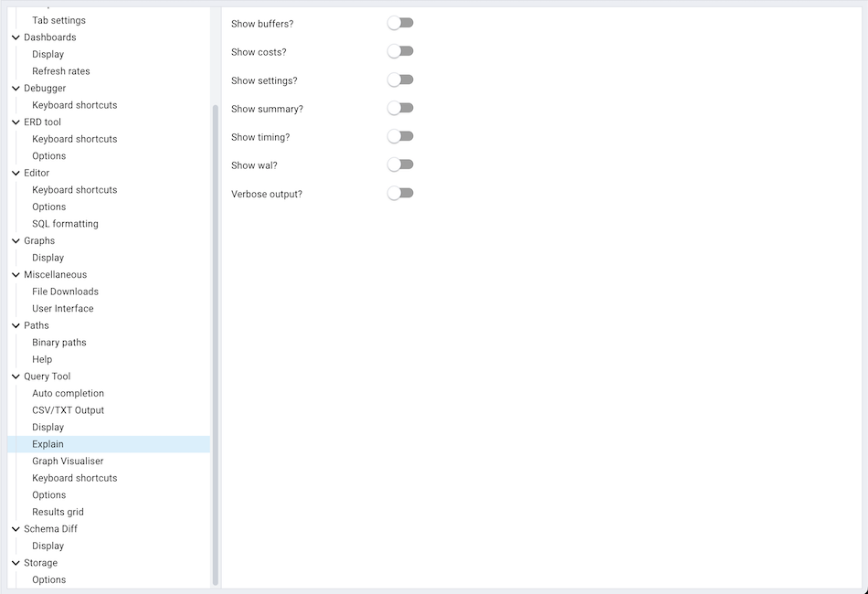 Preferences sqleditor explain options