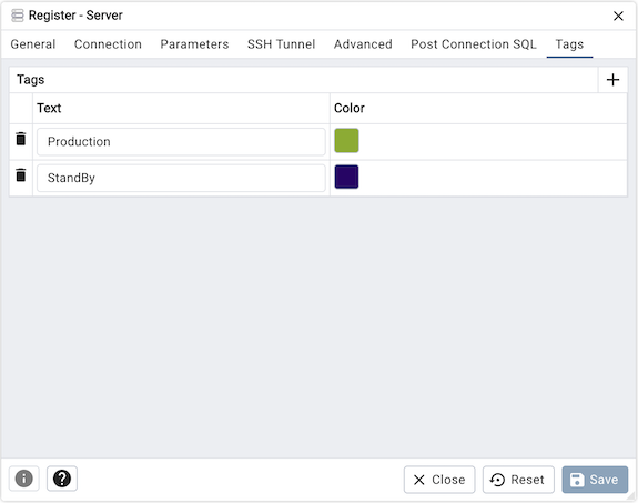 Server dialog tags tab